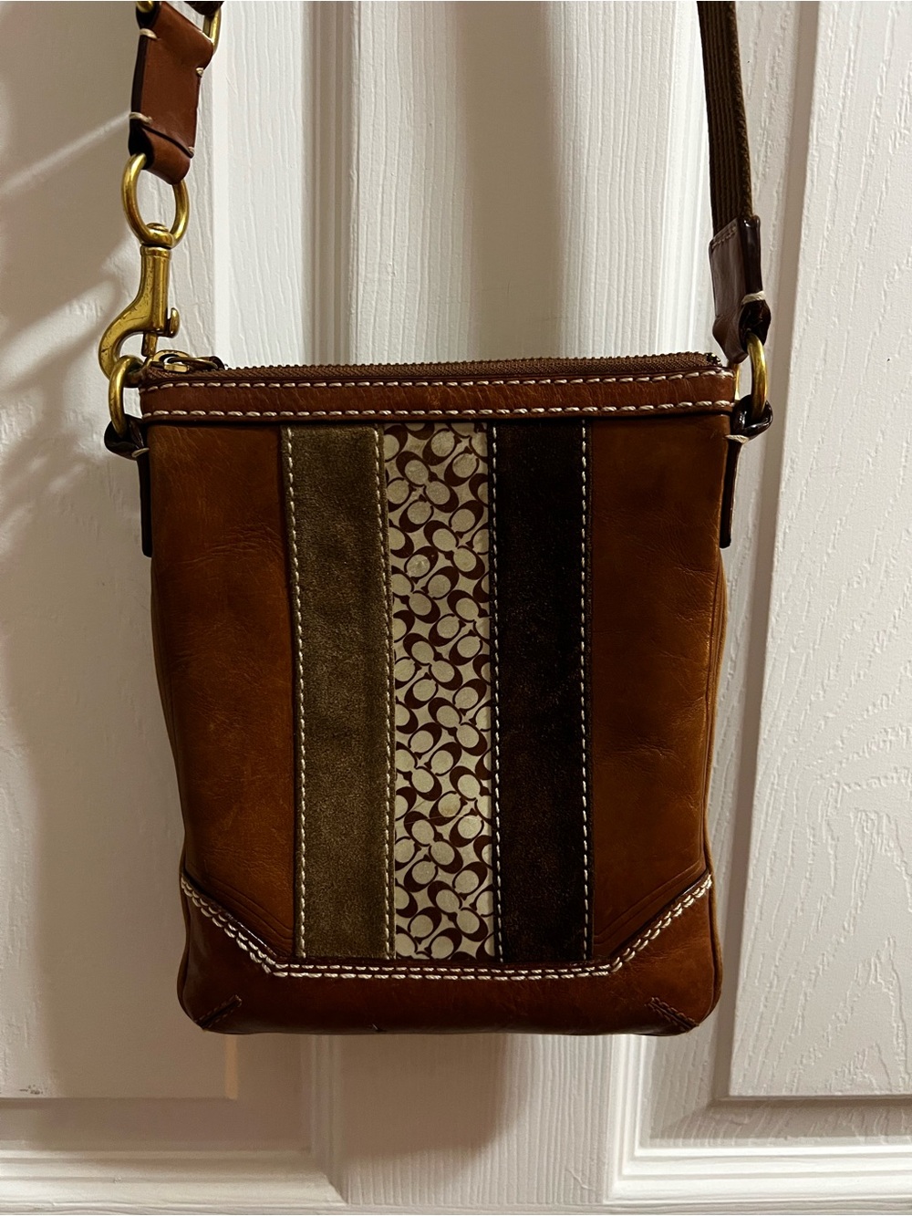 Coach Brown Leather Crossbody with Signature Stripe Panel